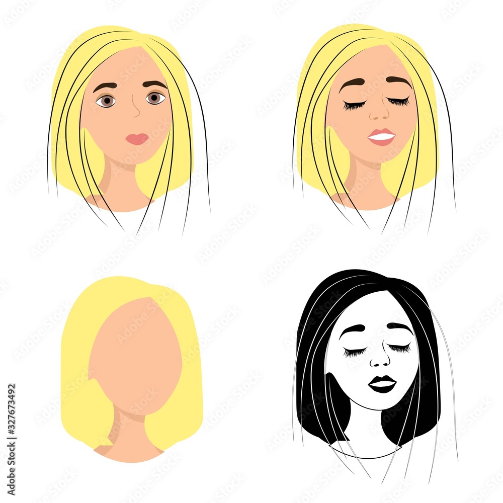 Set of abstract female portraits, face of a young woman, front view, blond straight hair, happy smile, outline. Stock vector illustration for decoration and design, web pages, postcards, banner
