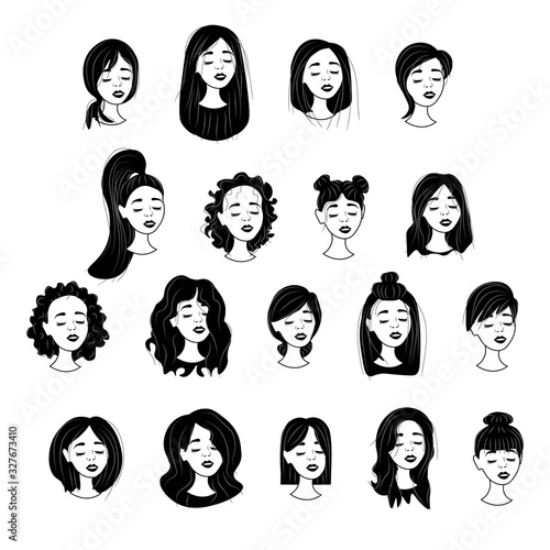 Set of beautiful abstract female portraits isolated on white background. Faces of young women, front view, happy smile, outline. Stock vector illustration for decoration and design, web pages, cards 