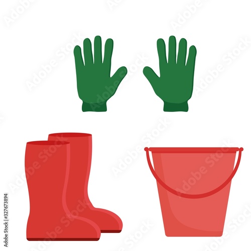 Set of garden tools. Rubber boots, gloves and a bucket. Stock vector illustration for decoration and design, web pages, packaging, fabrics, postcards, posters, banners, textiles and more