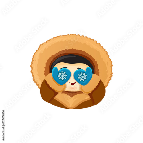 Vector icon of a cute smiling Eskimo baby in mittens with snowflakes hiding his face behind his hands in the hood, no one else, cookie, hid, emoticon sticker for web pages, t-shirt printing chukcha