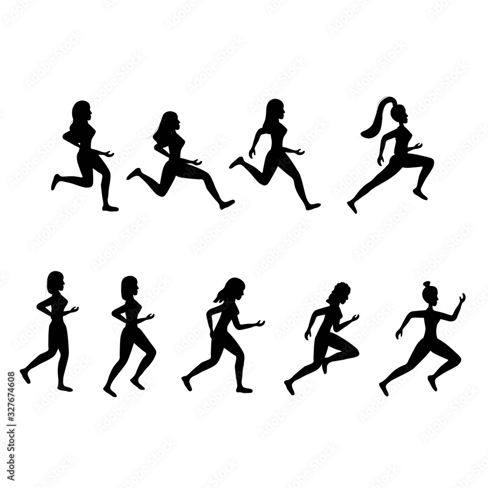 Silhouette of running people isolated on a white background. Athletic lifestyle of a woman. A group of girls at a marathon. Jogging. Man stock vector illustration for decoration and design. Silhouette of running people isolated on a white background. Athletic lifestyle of a woman. A group of girls at a marathon. Jogging. Man stock vector illustration for decoration and design.