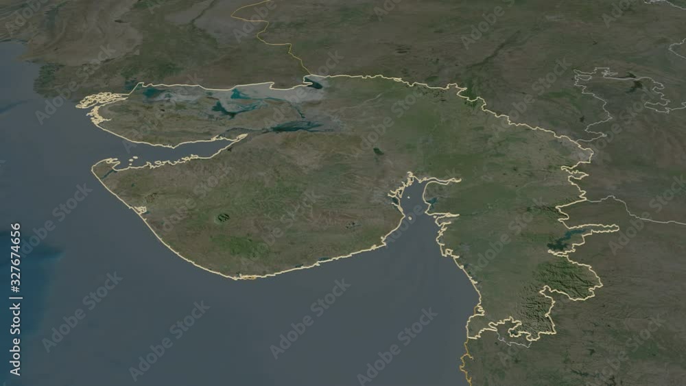 Gujarat, state with its capital, zoomed and extruded on the satellite ...