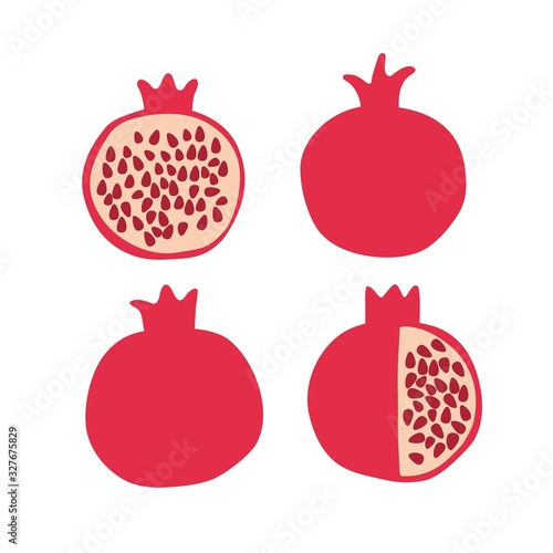 Pomegranate fruit set. Vector drawing isolated on white. Simple cute flat design. Symbol for Jewish traditional holidays. Great for card, poster, banner background. Botanical