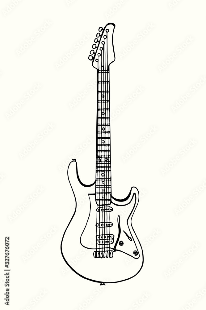 Electro guitar, hand drawn doodle gravure vintage style, sketch, outline vector illustration