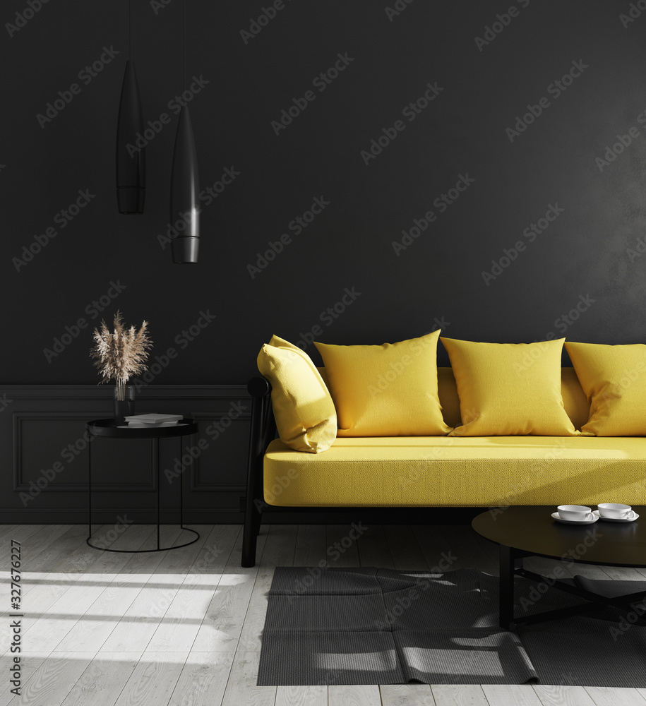 Dark interior of living room with black wall and bright yellow sofa, modern  luxury living room interior background, living room interior mock up,  interior with black walls, 3d rendering Stock Illustration