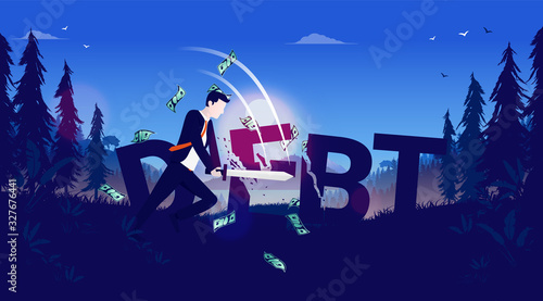 Cut debt - Person cutting the word debt with sword outside. Beautiful nature, sunrise and mountains in background. Financial freedom, debt free, and personal finance concept. Vector illustration.