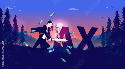 Cutting taxes - Angry man cutting the word tax with sword outside in nature. Sunrise and mountains in background. Lower tax, cut word, reduction concept. Vector illustration.