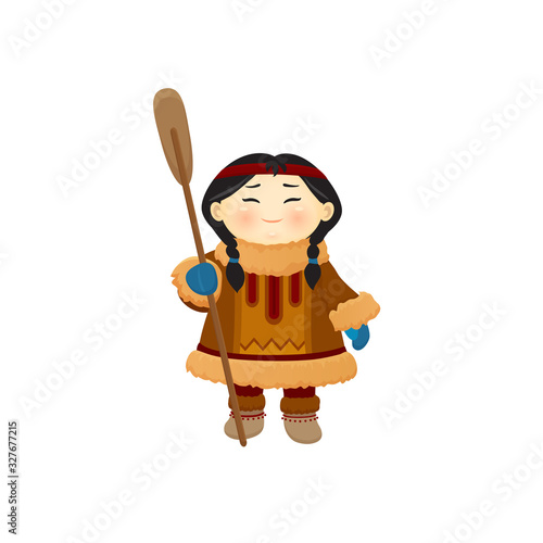 cartoon illustration of funny Eskimo child. Cute girl with paddle. An Asian girl with a kayak paddle stands and smiles. Northern people, Yakut, Indian, Inuit, Chukchi, Evenk in national clothes eps 10