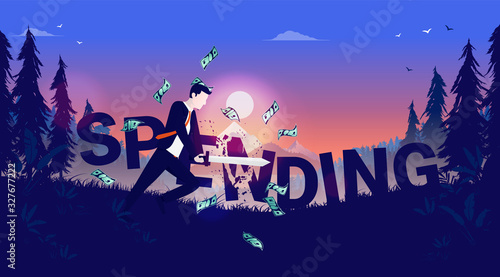 Cut spending - Person cutting the word spending with a sword outside. Beautiful nature and money flying around. Personal finance and saving money concept. Vector illustration.