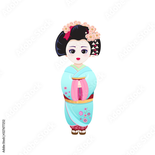 Beautiful japanese girl in kimono Young Geisha  hanami sakura blossom old kimono makeup maiko hair style shy Japanese with big eyes at the festival vector icon isolated on white  on white