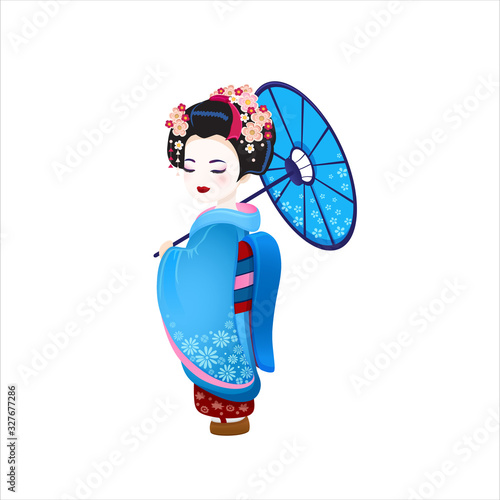 Beautiful japanese girl in kimono Young Geisha with green umbrella hanami sakura blossom old kimono makeup maiko hair style shy Japanese with eyes closed at the festival vector icon isolated on white