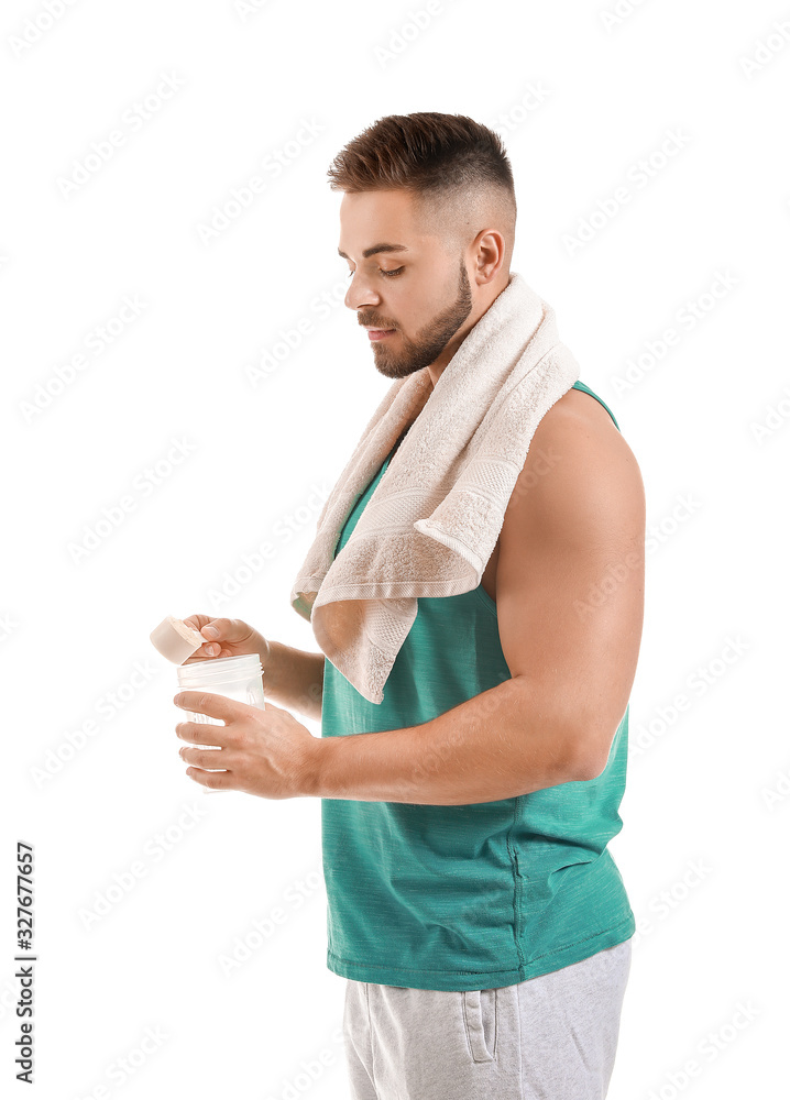 Sporty man with protein on white background Sporty man with protein on white background