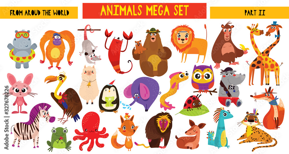 Big collection of cute cartoon animals around the world. Part II. Set of wild and woodland animals characters isolated on white background.