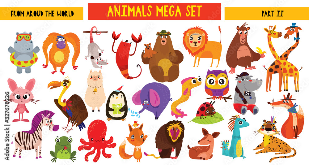 Big collection of cute cartoon animals around the world. Part II. Set of wild and woodland animals characters isolated on white background. Big collection of cute cartoon animals around the world. Part II. Set of wild and woodland animals characters isolated on white background.