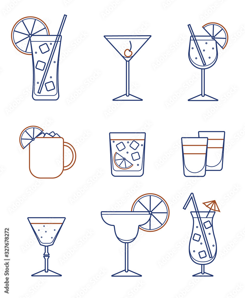 Vecteur Stock Collection set of icons: various alcohol cocktail glasses  high ball martini margarita old fashioned shot Moscow mule mug. For card,  poster, invitation, banner or restaurant menu for party event