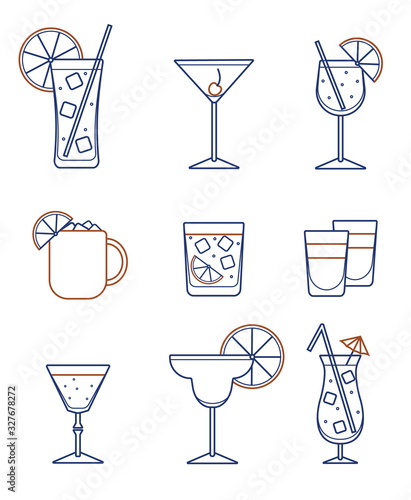 Collection set of icons: various alcohol cocktail glasses high ball martini margarita old fashioned shot Moscow mule mug. For card, poster, invitation, banner or restaurant menu for party event