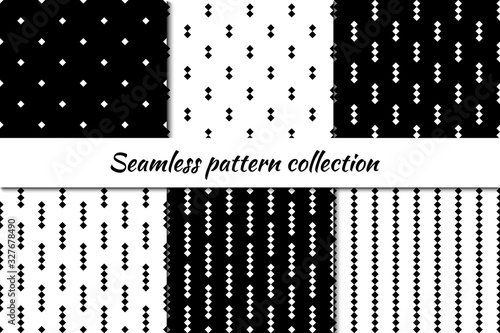 Seamless pattern collection. Geometrical design backgrounds set. Repeated rhombuses, diamonds, squares motif. Geo print