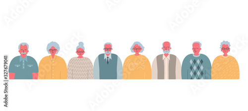 Community of older people. Elderly men and elderly women are standing together. People icons. Vector illustration