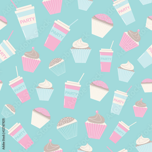 Vintage green vector pattern with cupcakes and cup