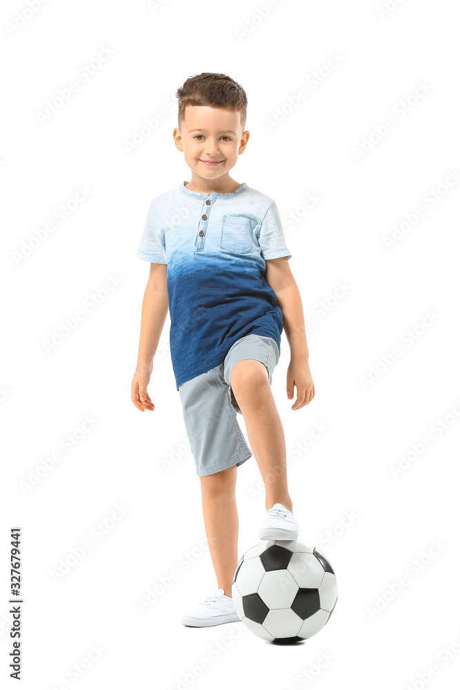 Cute little boy with soccer ball on white background Cute little boy with soccer ball on white background