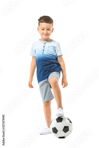 Cute little boy with soccer ball on white background © Pixel-Shot