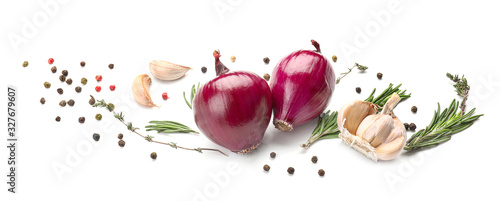 Fototapeta Fresh raw onion and spices on white background