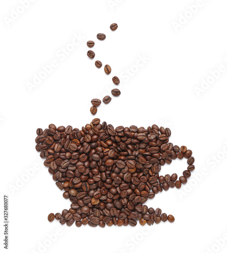 Cup made of coffee beans on white background