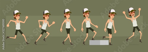 Cartoon funny cute hipster farmer boy character in shorts and glasses. Ready for animations. Successful hipster walking to his goal. Isolated on green background. Big vector icon set.