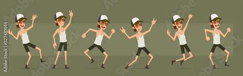 Cartoon funny cute hipster farmer boy character in shorts and glasses. Ready for animations. Rock and roll hipster jumping and dancing. Isolated on green background. Big vector icon set.