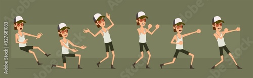 Cartoon funny cute hipster farmer boy character in shorts and glasses. Ready for animations. Angry farmer ready to fight. Isolated on green background. Big vector icon set.