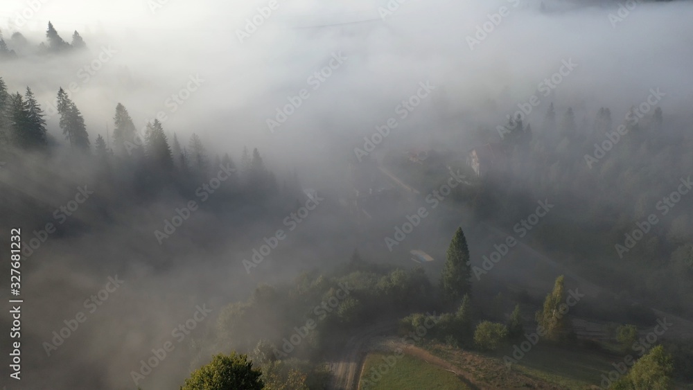 Fototapeta premium Aerial view of colorful mixed forest shrouded in morning fog on a beautiful autumn day