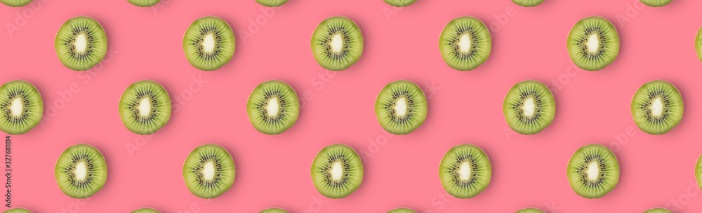 Fototapeta premium Seamless blue kiwi pattern on pink background