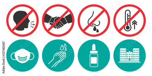 Set of prohibiting icons. No cough, no handshake, no runny nose, no fever. Set of medical mask, hand washing, nose spray, hospital