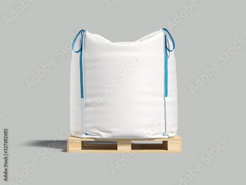 White big bag or sack on pallet. Isolated object on light background. Mockup for design. 3d render