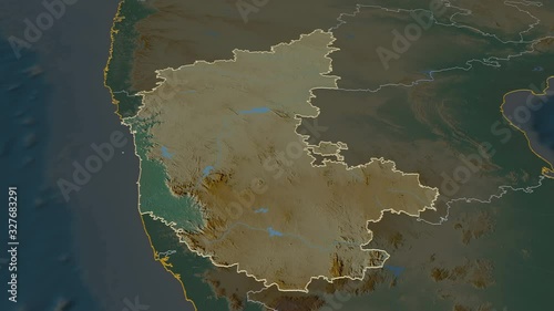 Karnataka, state with its capital, zoomed and extruded on the relief map of India in the conformal Stereographic projection. Animation 3D