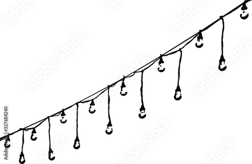 Hanging retro light bulbs. Monochrome grunge garland of vintage party lights. Overlay template. Vector illustration