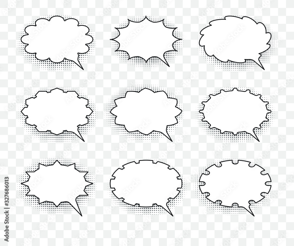 Set of nine vector talking bubbles with white fills and transparent background. Set of nine vector talking bubbles with white fills and transparent background.