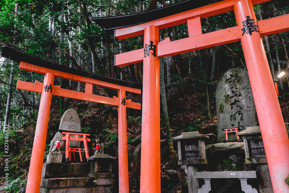 Fox (kitsune) stone statues, torii gates and rock with kanjis at sanctuary in Fushimi Inari taisha shrine, Kyoto Fox (kitsune) stone statues, torii gates and rock with kanjis at sanctuary in Fushimi Inari taisha shrine, Kyoto