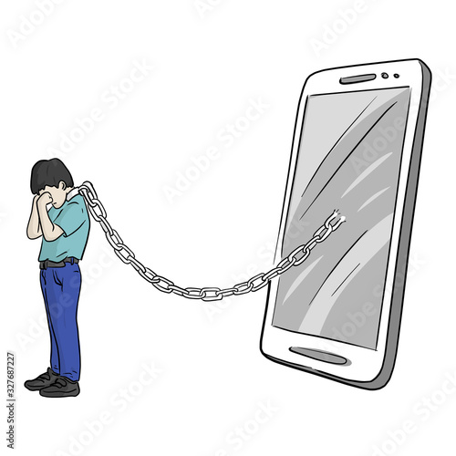 crying boy chained in neck with smartphone vector illustration sketch doodle hand drawn isolated on white background. Mobile phone addict concept.