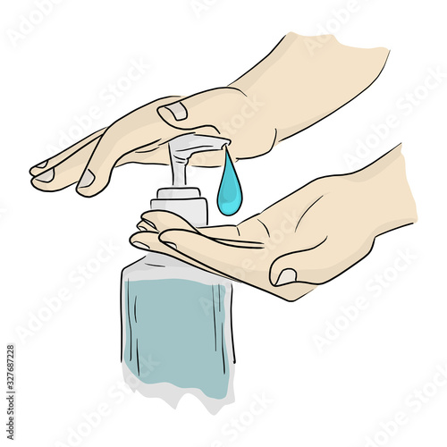 close-up hands using hand sanitizer gel pump dispenser vector illustration sketch doodle hand drawn isolated on white background