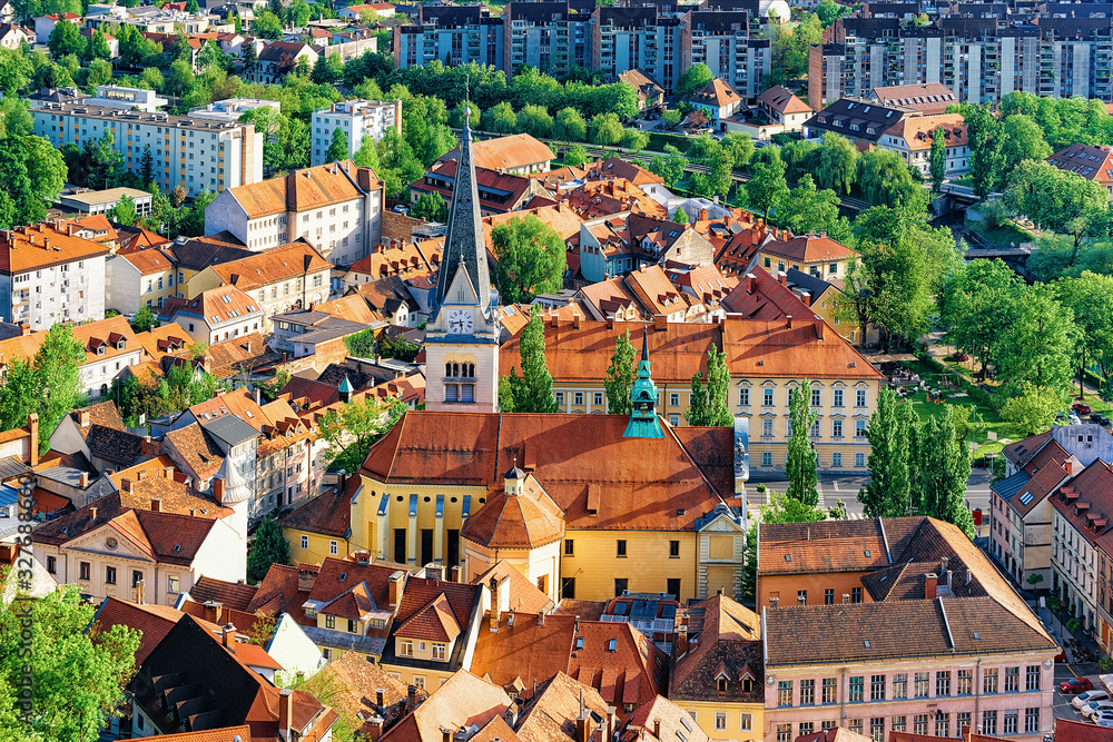 St James Church and cityscape in Ljubljana Slovenia
