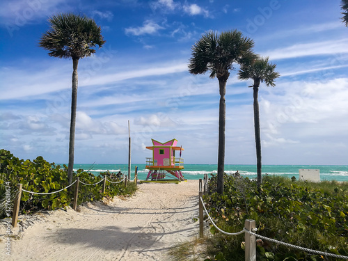 A sandy path leads to a Lifeguard tower on the wondeful North Beach of Miami Beach