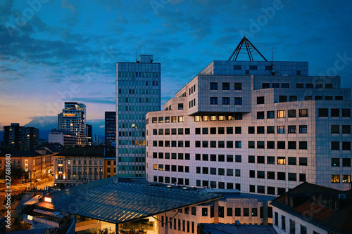 Modern architecture of buildings in Ljubljana evening