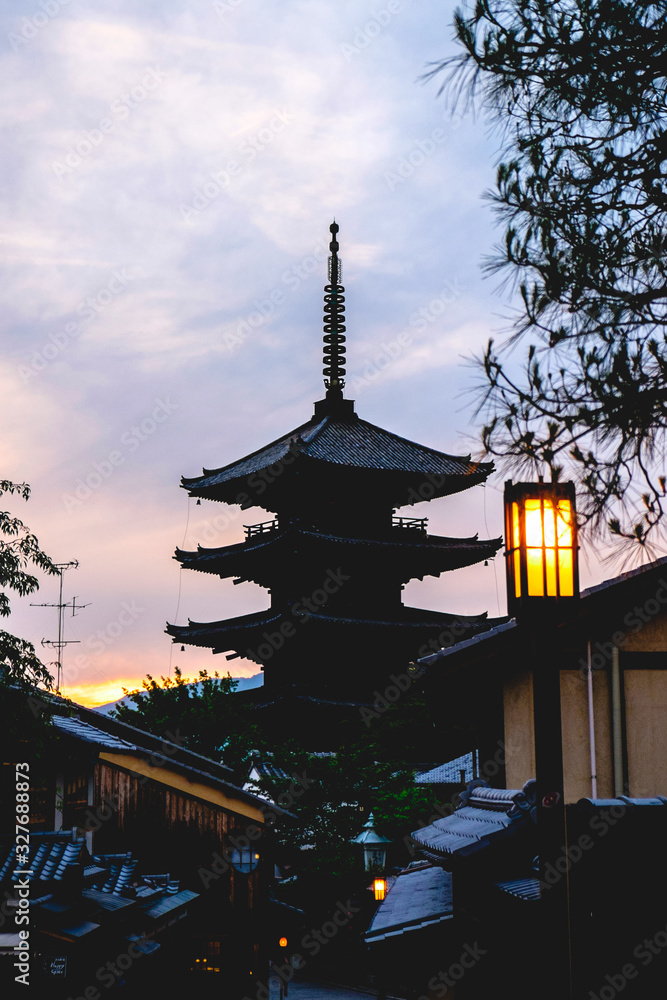 Pagoda at sunset and night lights, Yasaka, Kyoto, Japan Pagoda at sunset and night lights, Yasaka, Kyoto, Japan