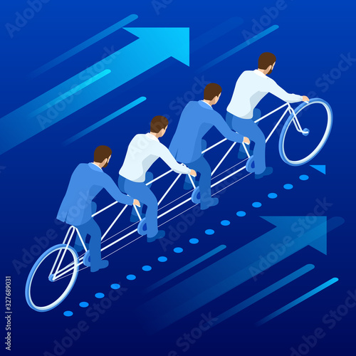 Isometric Goals Setting for Business Team. Creative Idea Teamwork Banner Concept. Business Team Riding Tandem Bicycle. Team success. Business concept illustration