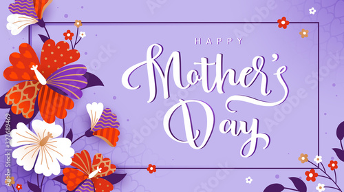 Happy Mothers day greeting card with white and red flowers. Vector illustration in a modern style