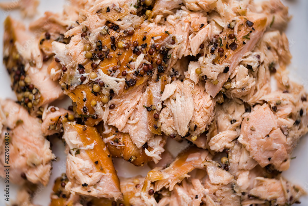 rustic smoked salmon flakes food background blur defocused rustic smoked salmon flakes food background blur defocused