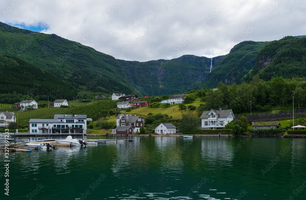 Norway fiord Ullensvang village - part of Hardanger Fjord called Sorfjord. Morning view. July 2019