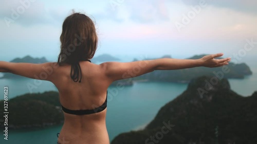 Tanned Woman Enjoy Ang Thong National Marine Park. Back View of Girl in Bikini Rising Hands. Group of Islands in Tranquil Lagoon. Traveler Looking at Thailand Nature Landmark. Footage Slow Motion 4K photo