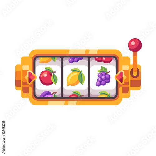 Golden slot machine with fruit symbols. Casino flat illustration